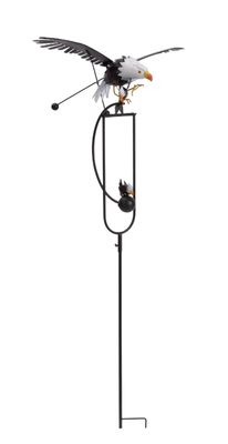 Shows the assembly and design of the eagle kinetic garden balancer stake.