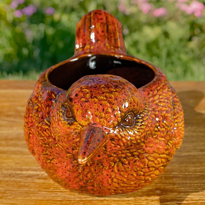 17.5" Hand Painted Ceramic Bird Planter in Red