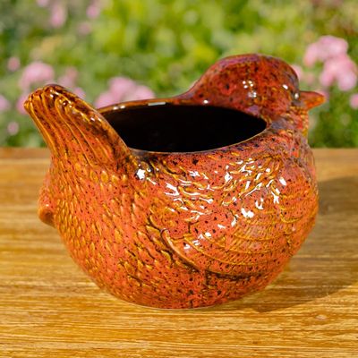 17.5" Hand Painted Ceramic Bird Planter in Red