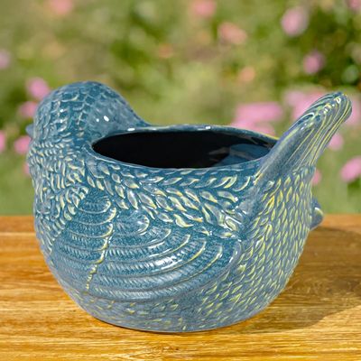 17.5" Hand Painted Ceramic Bird Planter in Blue