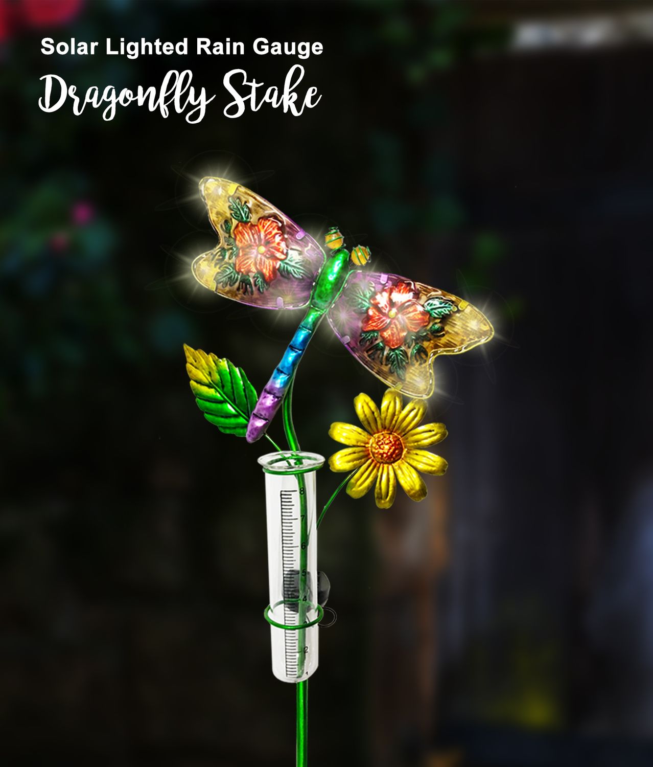 Solar Lighted Dragonfly  Rain Gauge Stake with Painted Glass Front and Meshed Metal Back
