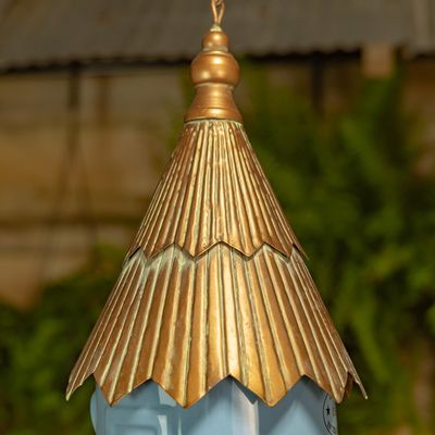 antique copper metal roof of Soft blue porcelain hanging birdhouse 
