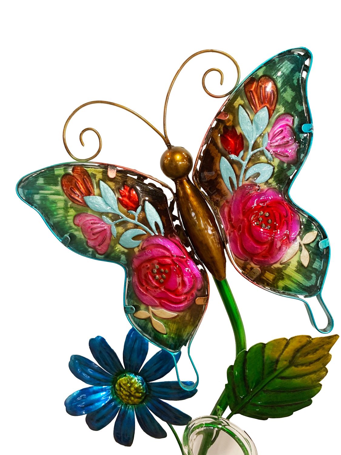 Solar Lighted Butterfly Rain Gauge Stake with Painted Glass Front and Meshed Metal Back