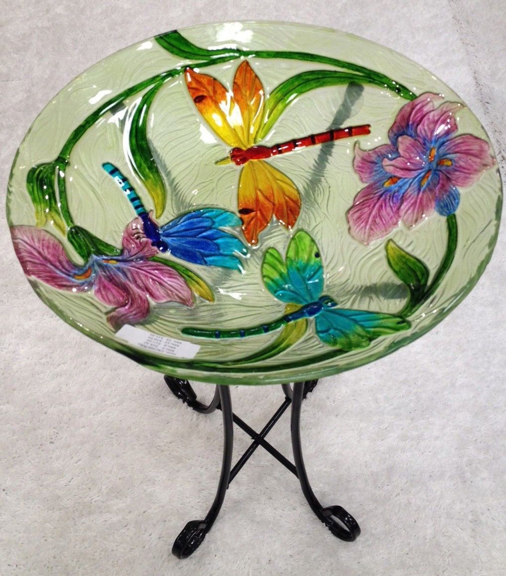 18" Three Dragonflies with Iris Glass Plate Bird Bath