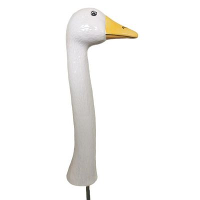 White ceramic goose neck garden stake with yellow beak attached to a black ground stake on a neutral background.
