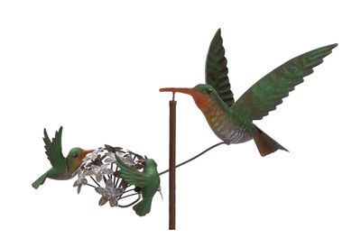 Close-up of the layered metal hummingbird and dimensional flower details on the garden balancer.