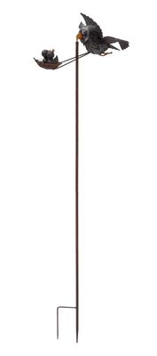 Metal garden balancer stake featuring an expressive owl on one end and a nest with baby owls on the other.