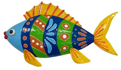Colorful Enameled Metal Fish Wall Plaque - Blue/Yellow