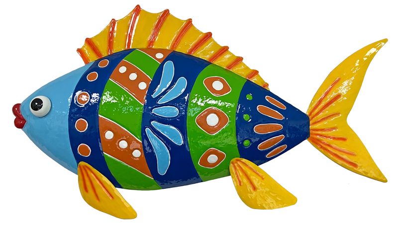 Colorful Enameled Metal Fish Wall Plaque - Blue/Yellow