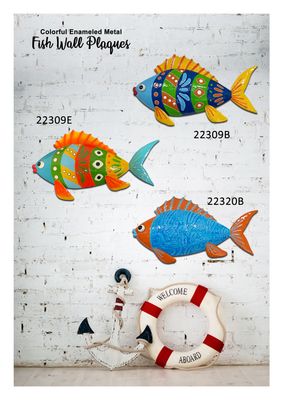 Colorful Enameled Metal Fish Wall Plaque - Blue/Yellow