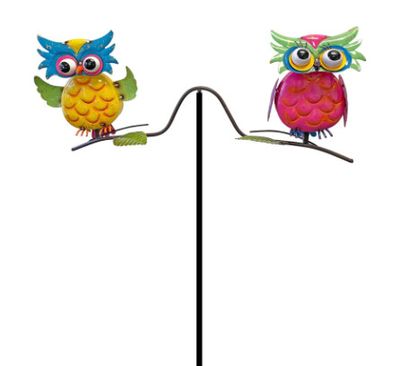 57-inch metal garden balancer stake featuring two brightly enameled, multicolored owls on a curved arm.