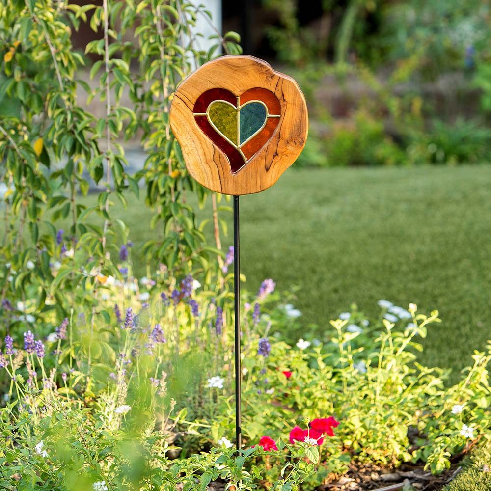 Teak Slab Stained Glass Heart Garden Stake