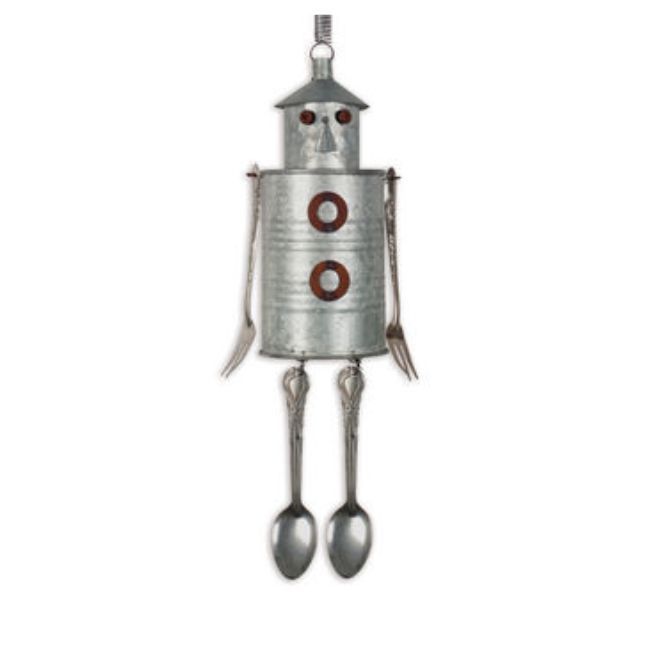 Rustic metal tin man hanging decoration with spring and dangling spoon-style legs.