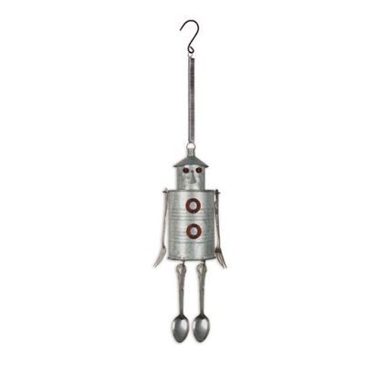 Rustic metal tin man hanging decoration with spring and dangling spoon-style legs.