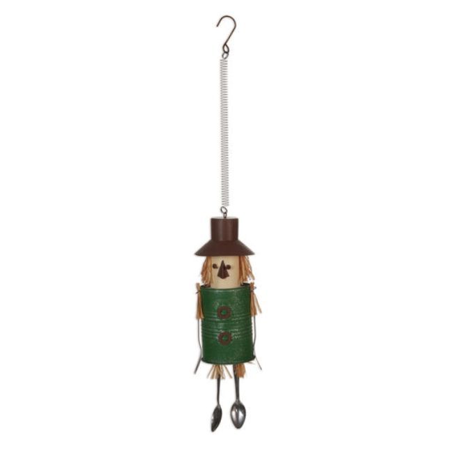 Rustic scarecrow hanging decoration made from a metal can with spoon accents and spring hanger.