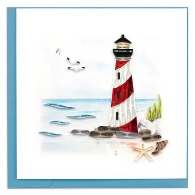 QUILLED GREETING CARD RED &amp; WHITE LIGHTHOUSE