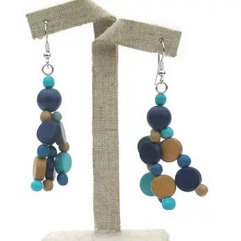 A pair of handcrafted drop earrings featuring small wooden beads in vibrant shades of cobalt blue, bright turquoise, and lime