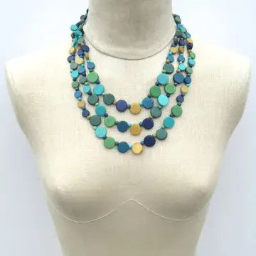 A multi-strand statement necklace made of layered wood beads in vibrant shades of royal blue, turquoise, and bright green