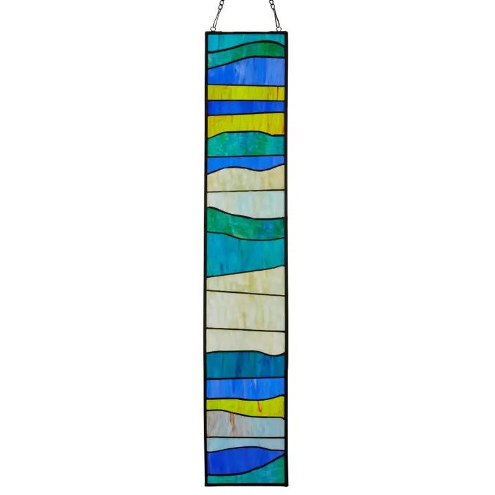 36"H Blue &amp; Green Geometric Stained Glass Window Panel