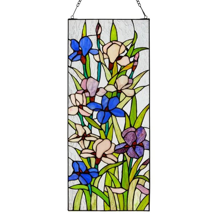 28"H Floral Purple Iris Stained Glass Window Panel