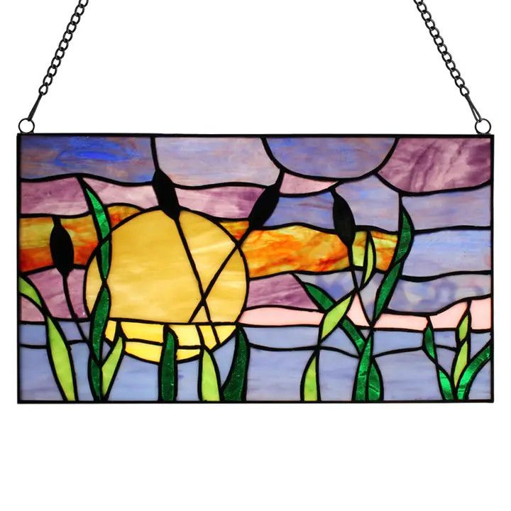 8.25"H Purple Cattails at Sunset Stained Glass Window Panel