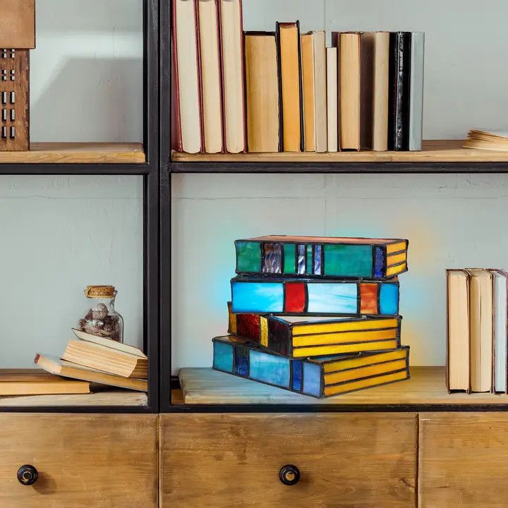 5.75"H Multi-Colored Book Stack Stained Glass Accent Lamp