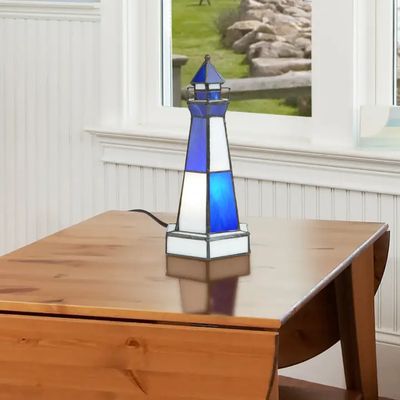 10.4"H Blue &amp; White Stained Glass Lighthouse Accent Lamp