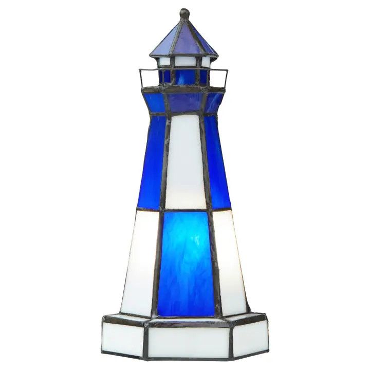10.4"H Blue &amp; White Stained Glass Lighthouse Accent Lamp