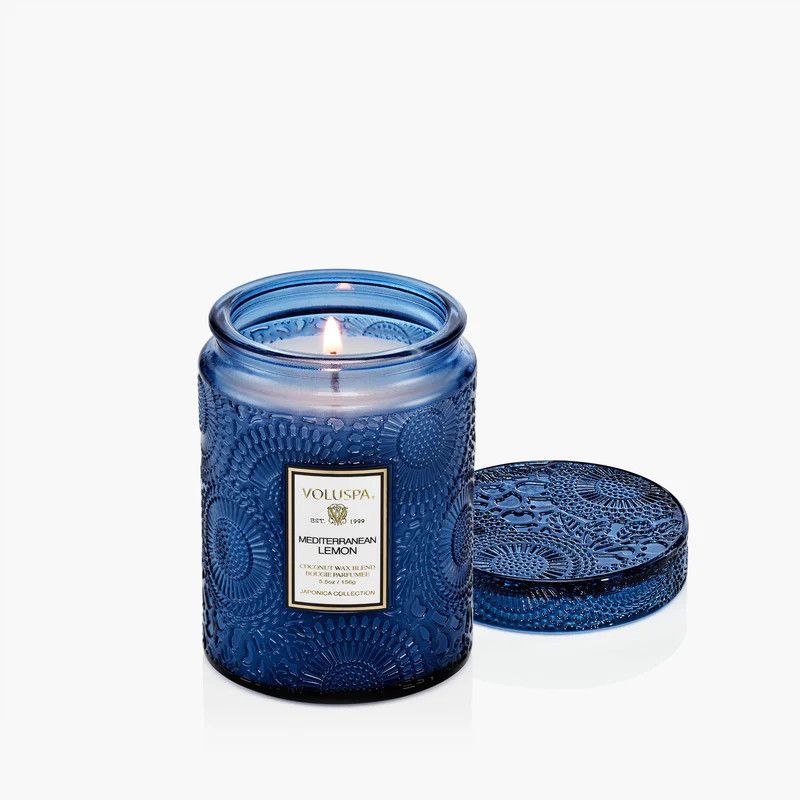Mediterranean Lemon Small Jar Candle in a mist-blue embossed glass jar with a matching glass lid.