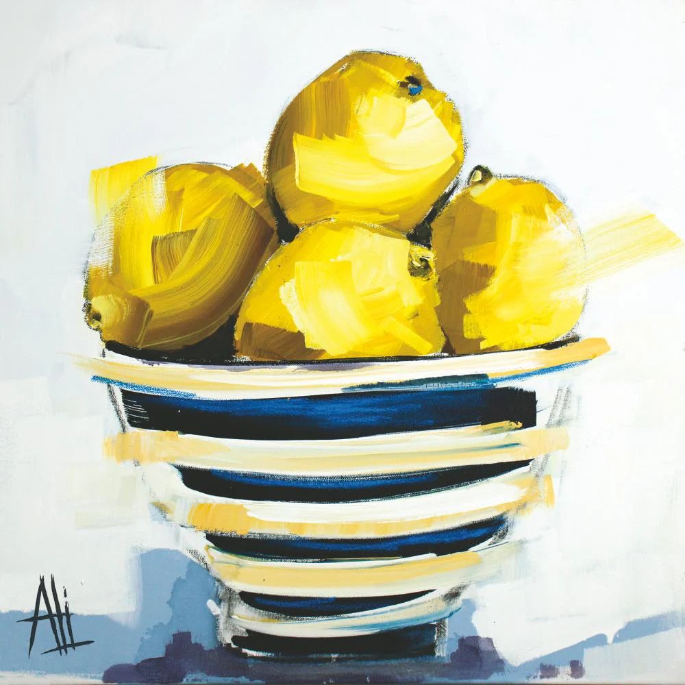 paper lunch napkins featuring a vibrant illustration of fresh yellow lemons resting in a blue and white patterned bowl