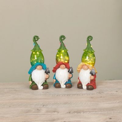 10.4"H Solar Lighted Glass &amp; Resin Gnome, Red Ruffle Hat
