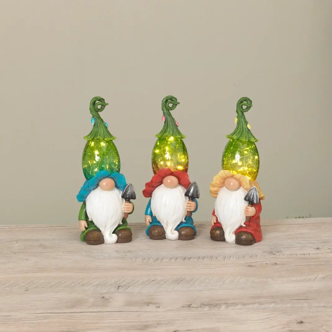 10.4"H Solar Lighted Glass &amp; Resin Gnome, Blue Ruffle Hat