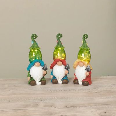 10.4"H Solar Lighted Glass &amp; Resin Gnome, Blue Ruffle Hat