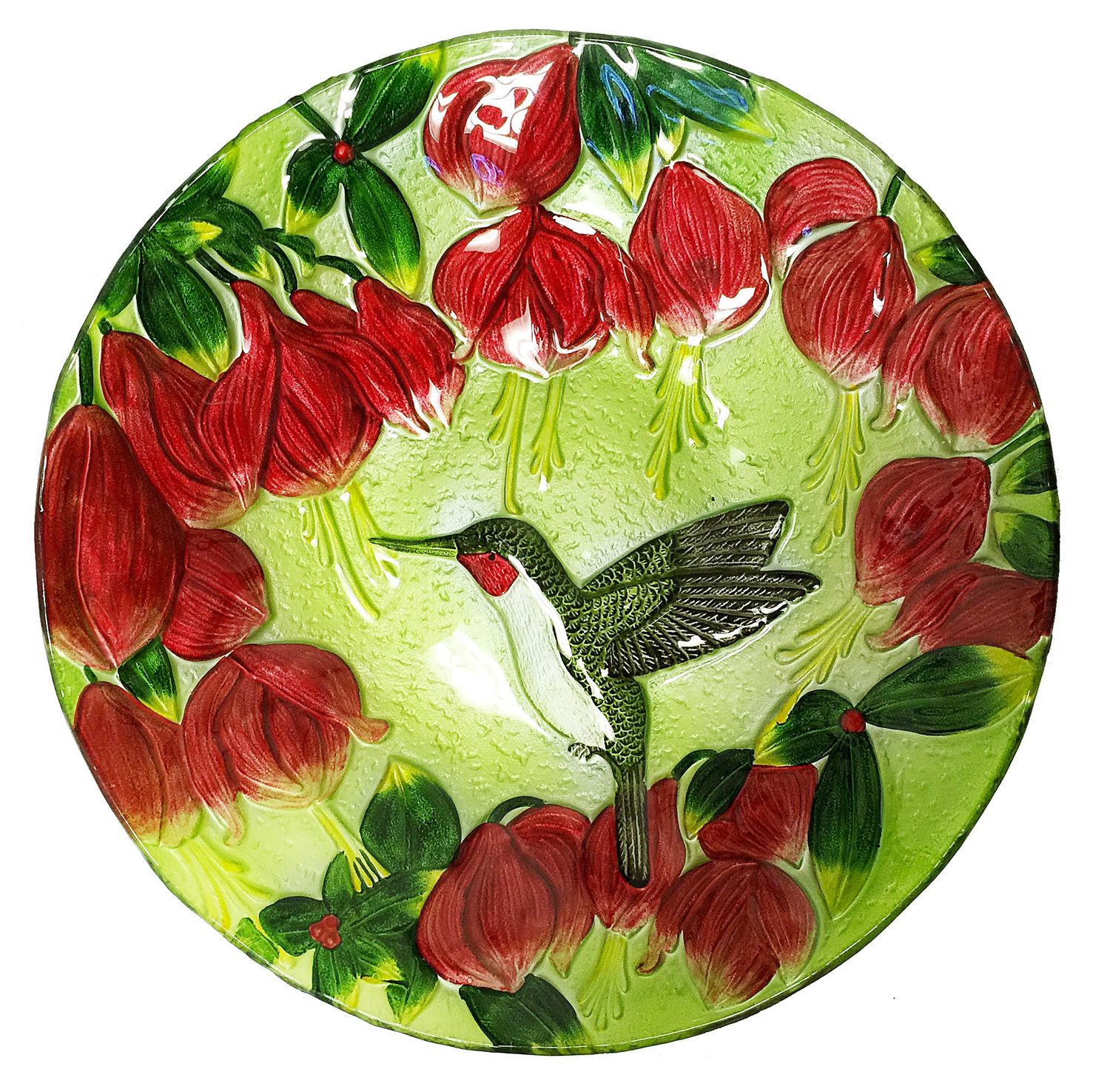 18-inch glass bird bath plate featuring a green hummingbird and vibrant pink fuchsia flowers.