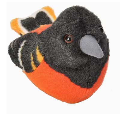 A plush 5.5-inch Baltimore Oriole stuffed bird featuring black, white, and vibrant orange soft fur with authentic bird sound 