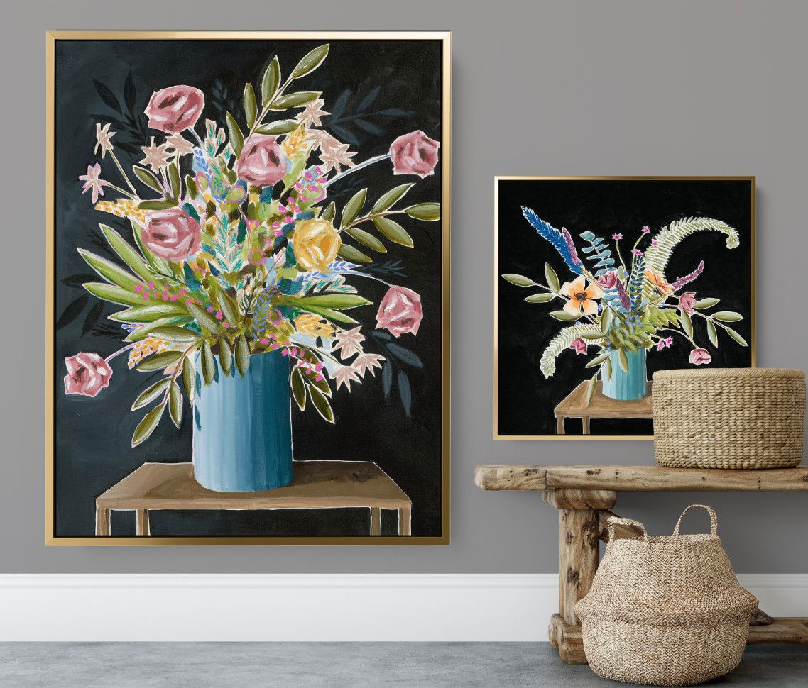 Unframed 8x8 square paper print depicting a lush arrangement of colorful wildflowers including blue, yellow, and purple bloom
