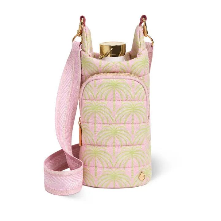 Pink and green palm print quilted water bottle crossbody bag with woven strap and gold hardware.
