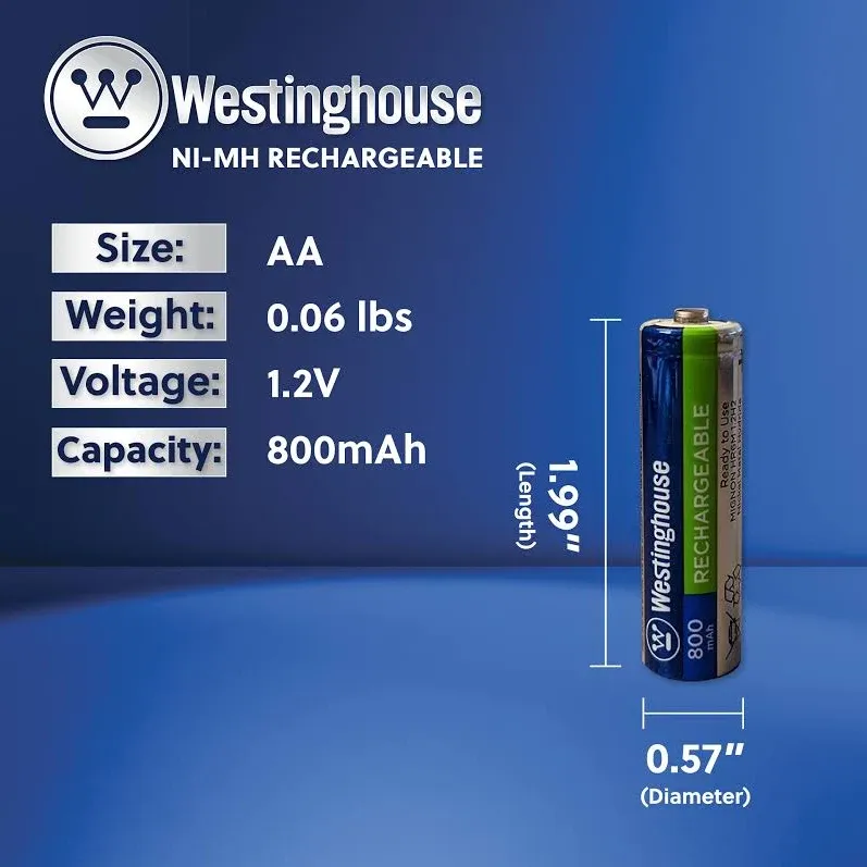 Westinghouse AA Ni-MH rechargeable battery with 1.2V and 800mAh capacity specifications.