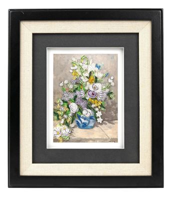 Black wood picture frame with linen mat displaying a floral quilled art card in a blue vase.