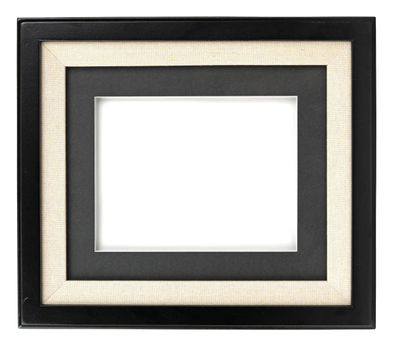 Black wood picture frame with linen mat and glass front, empty opening for 7 x 5.5 inch artwork.