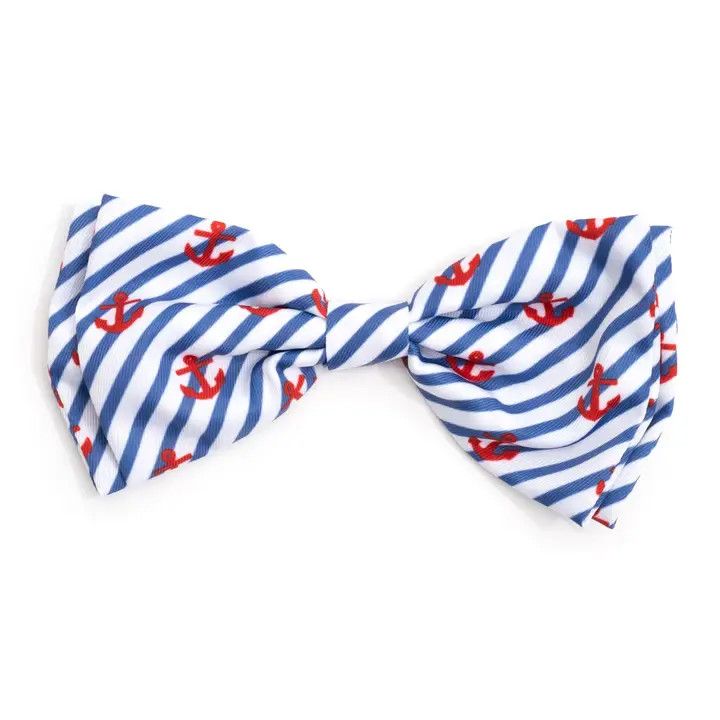 Blue and white striped pet bow tie with red anchor print.