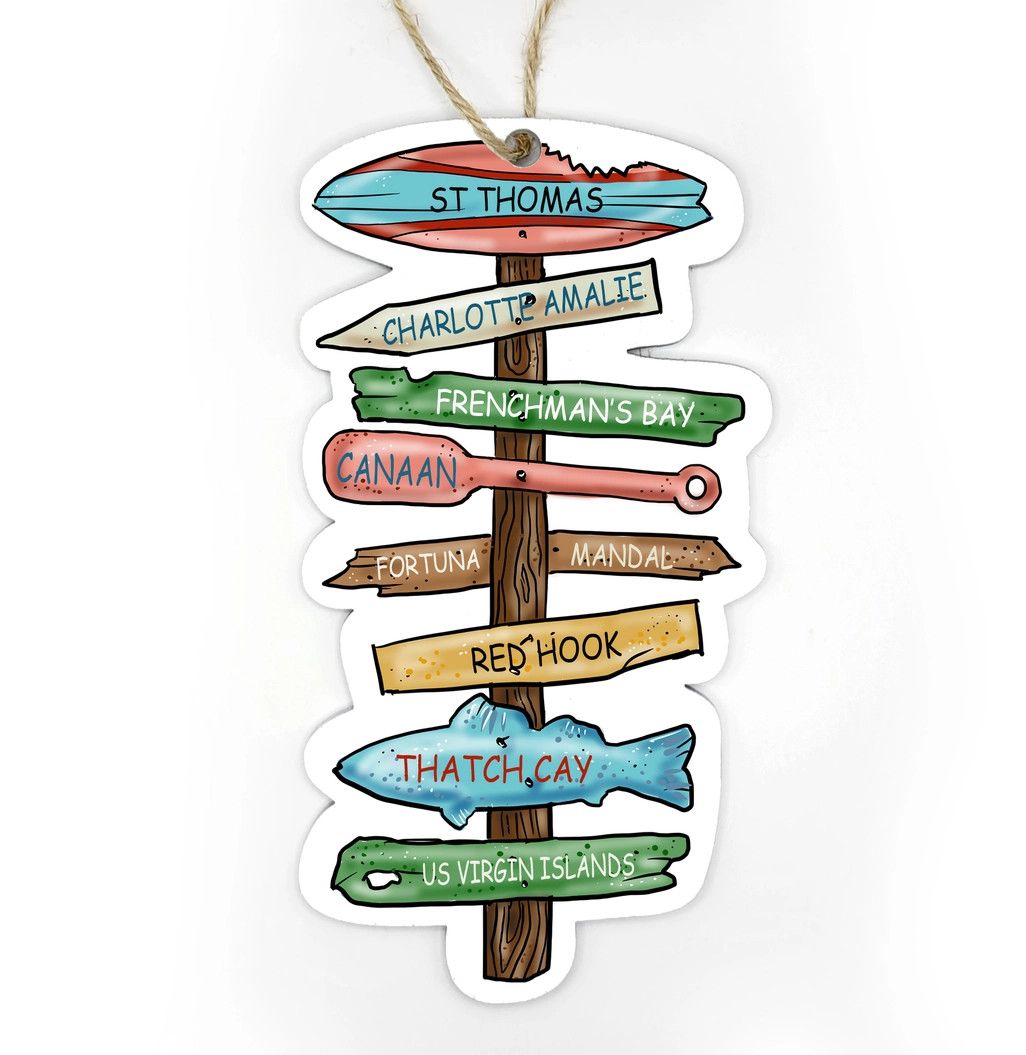 A 5-inch hanging wooden ornament featuring stacked driftwood-style directional signposts printed with vintage map graphics.
