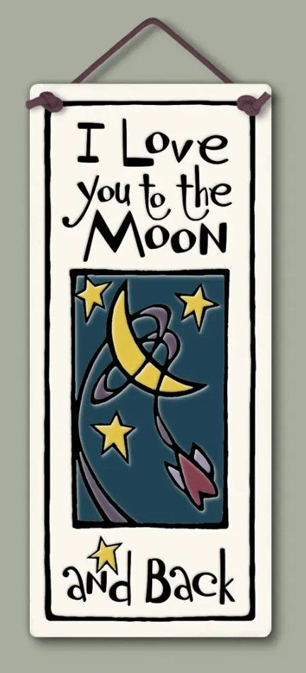 : A tall, rectangular hand-glazed ceramic wall plaque featuring a crescent moon, stars, and swirling night sky