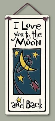 : A tall, rectangular hand-glazed ceramic wall plaque featuring a crescent moon, stars, and swirling night sky