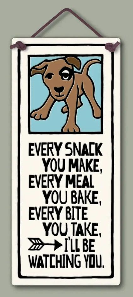ceramic wall plaque featuring an illustration of an eager dog beneath the text, "Every snack you make, every meal you bake...