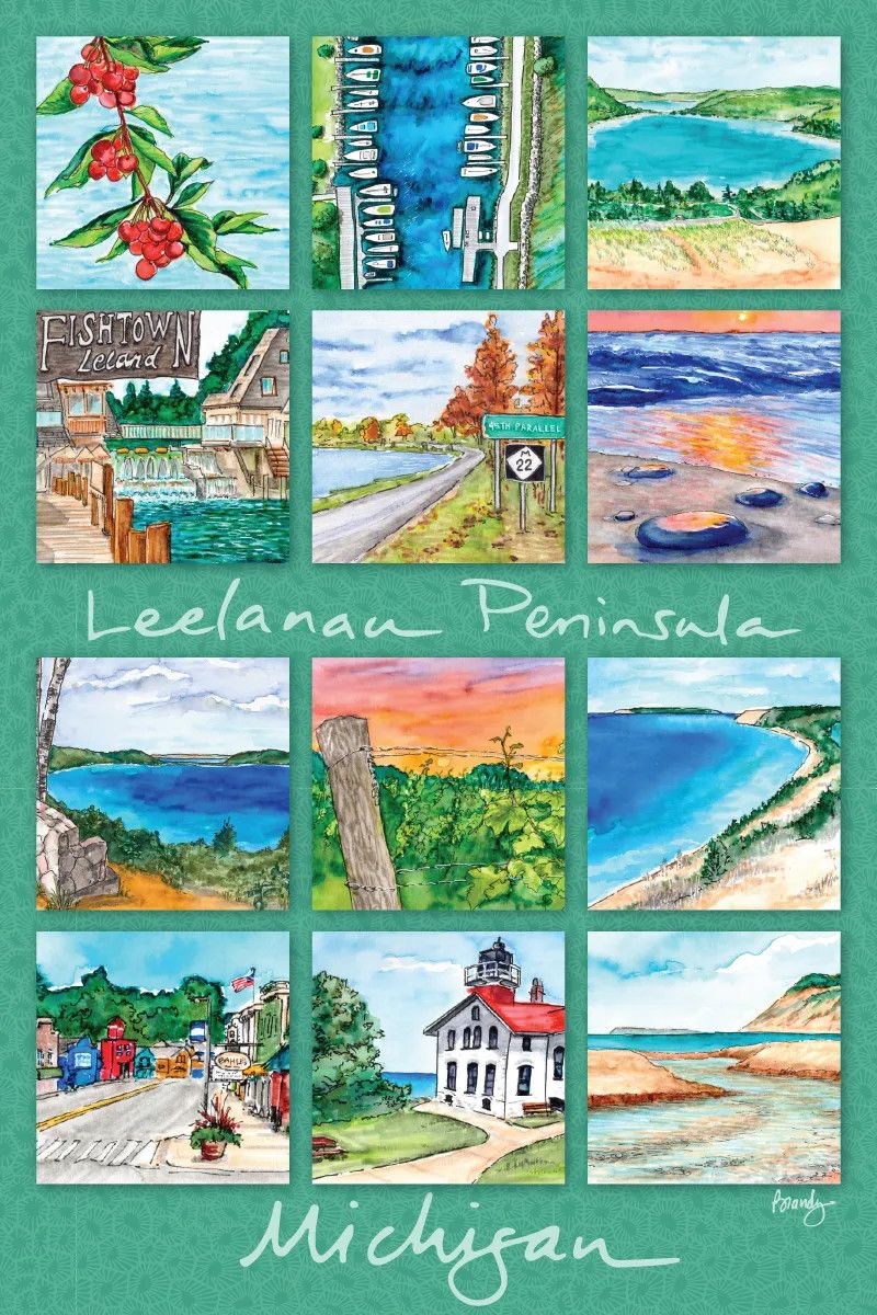 Colorful Leelanau Peninsula gallery poster with illustrated Michigan landmark scenes by Brandy Wheeler.