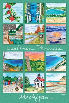 Colorful Leelanau Peninsula gallery poster with illustrated Michigan landmark scenes by Brandy Wheeler.