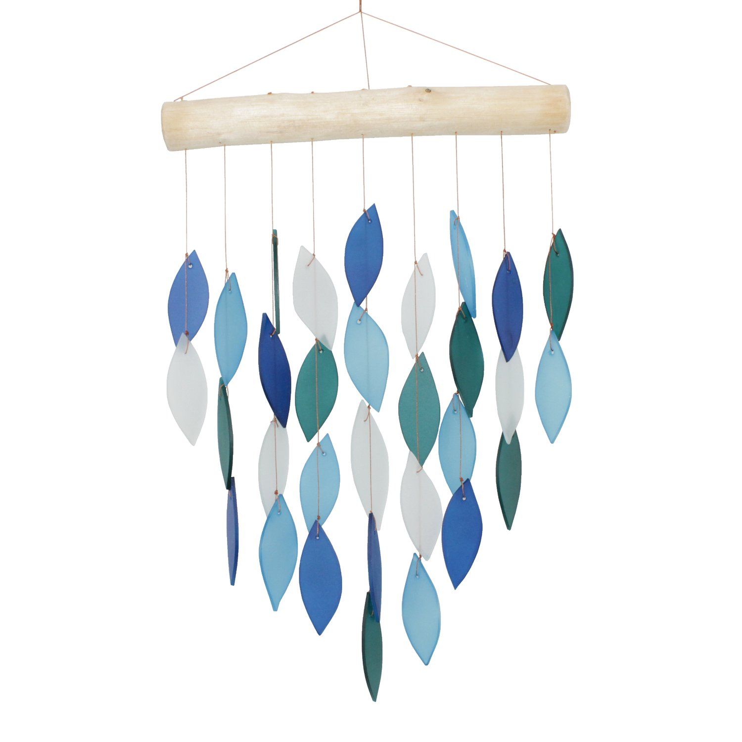 Small cascade wind chime with recycled tumbled glass pieces in blue, aqua, teal and frosted white hanging from natural driftw