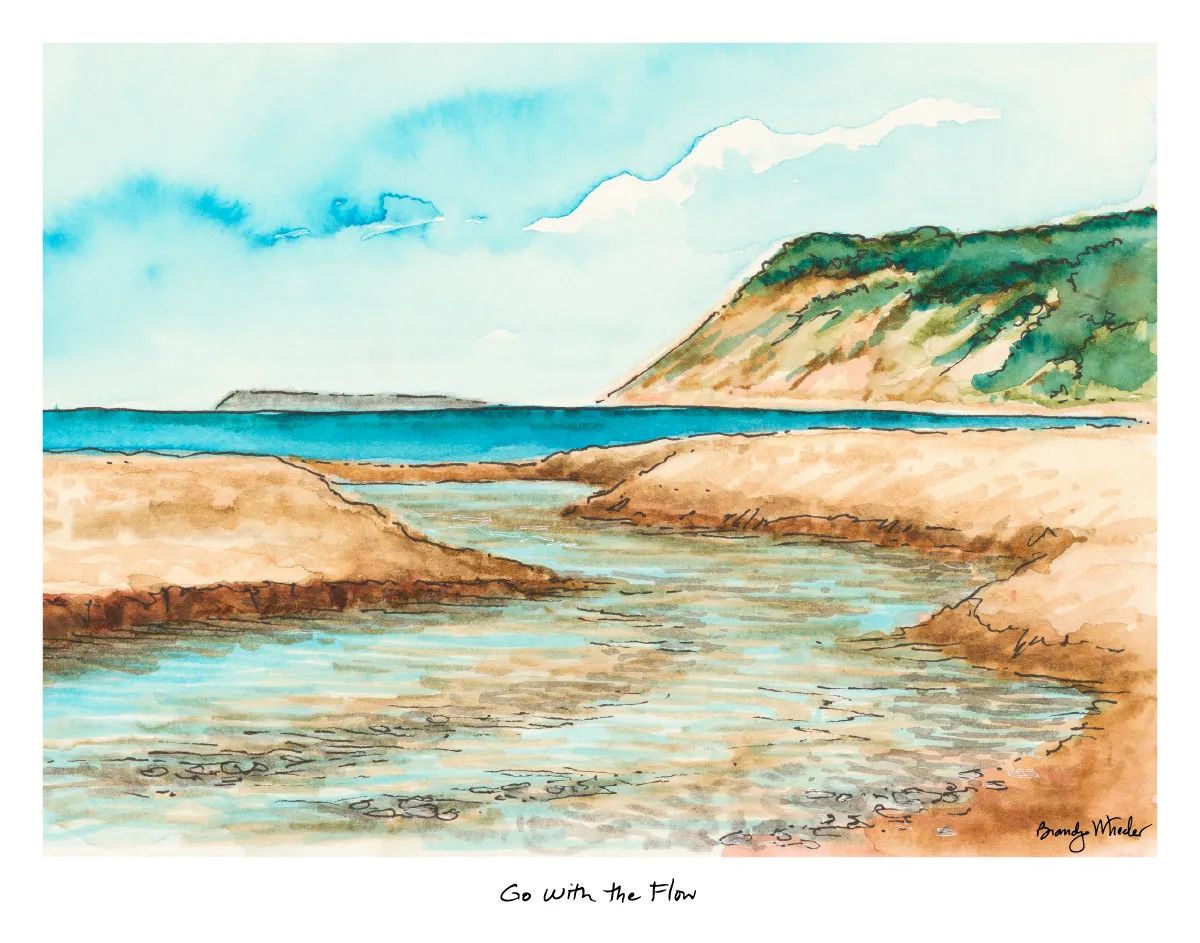 11x14 watercolor print of Sleeping Bear Dunes featuring a winding stream flowing through sandy dunes toward Lake Michigan by 