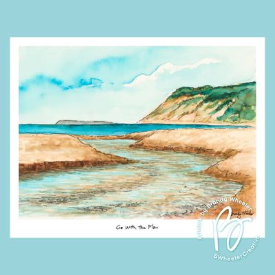 8x10 watercolor print of Sleeping Bear Dunes featuring a winding stream flowing through sandy dunes toward Lake Michigan by a